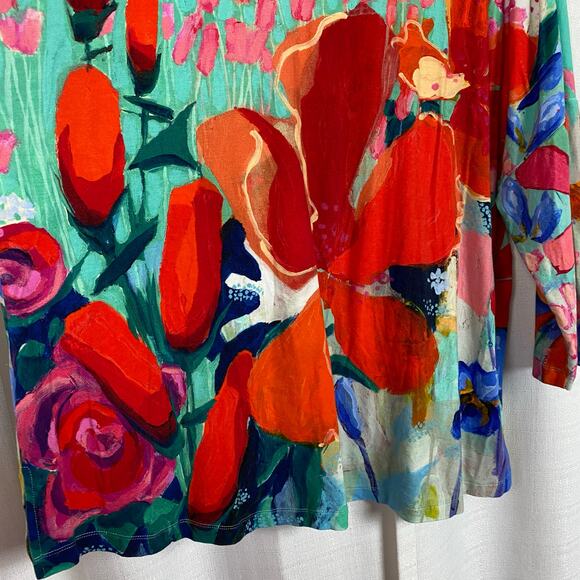 Ali Miles Teal&Bright Red Abstract Floral 3/4 Sleeve Top Sz.1X - Picture 2 of 8